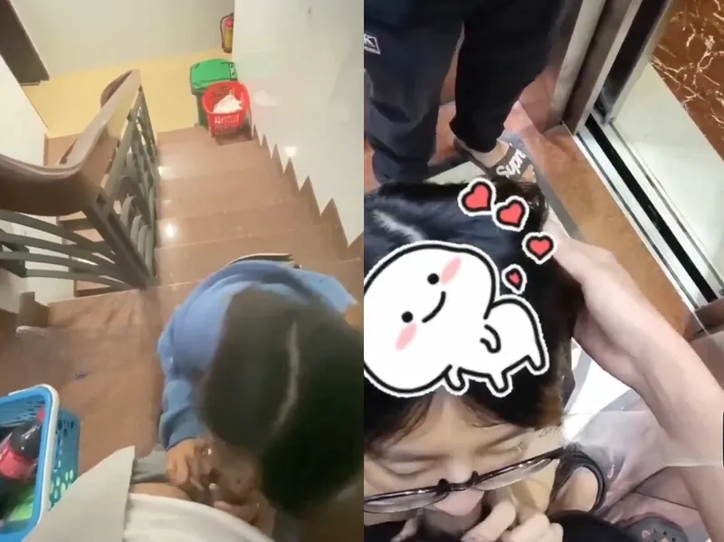 Em đang liếm dương vật thì thang máy có người vào, vừa hồi hộp vừa nứng